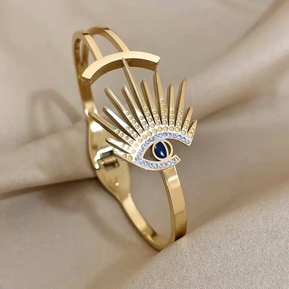 Bracelet Bangle Third Eye Rhinestones Cuff Evil Eyelash Gold Glam Luck Egyptian - Picture 1 of 2